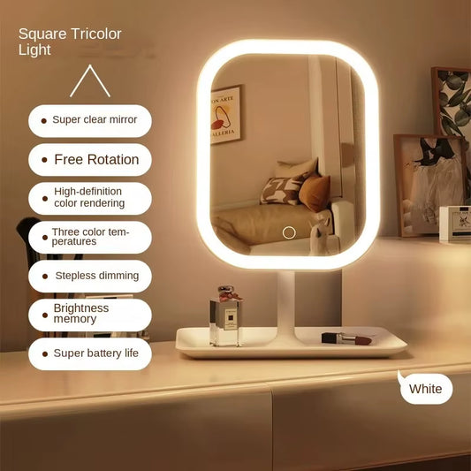 3 Color Light LED Makeup Mirror Touching Mirror Women Bedroom Dressing Mirrors Square Desktop Vanity Mirror Home Decor